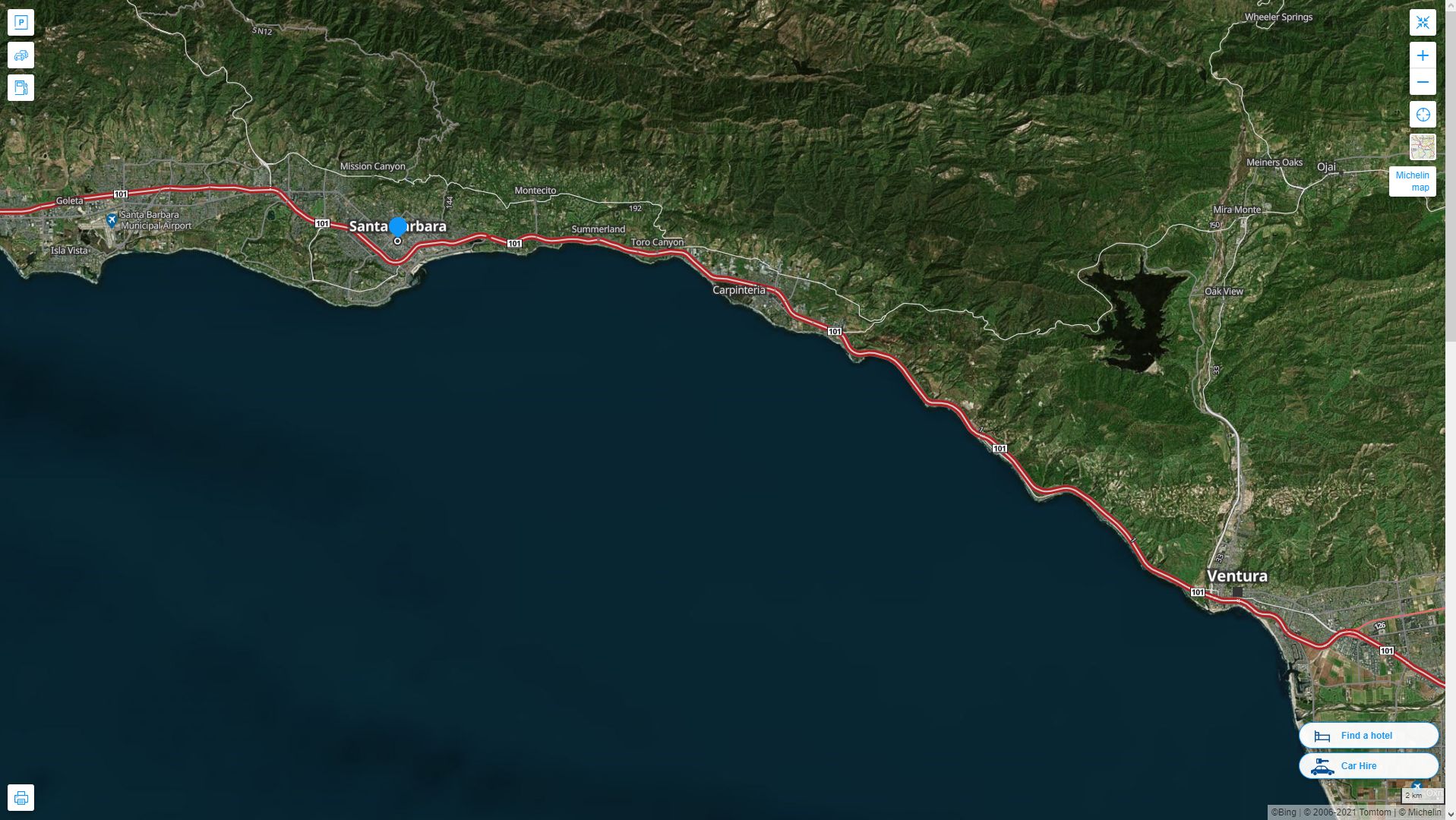 Santa Barbara California Highway and Road Map with Satellite View
